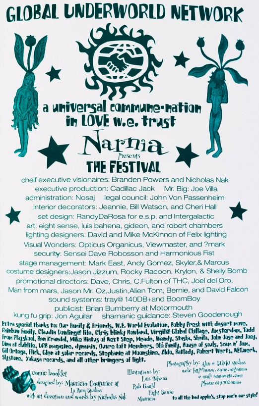 Global Underworld Network poster for Narnia: The Festival, listing the production credits